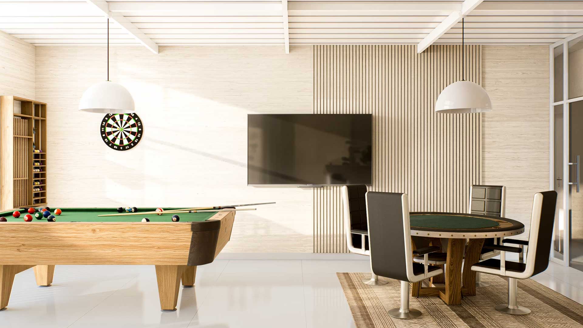Game room with pool table and social area